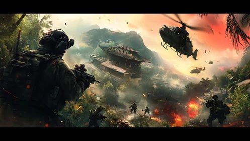 Tropical valley military assault with helicopters and fire.