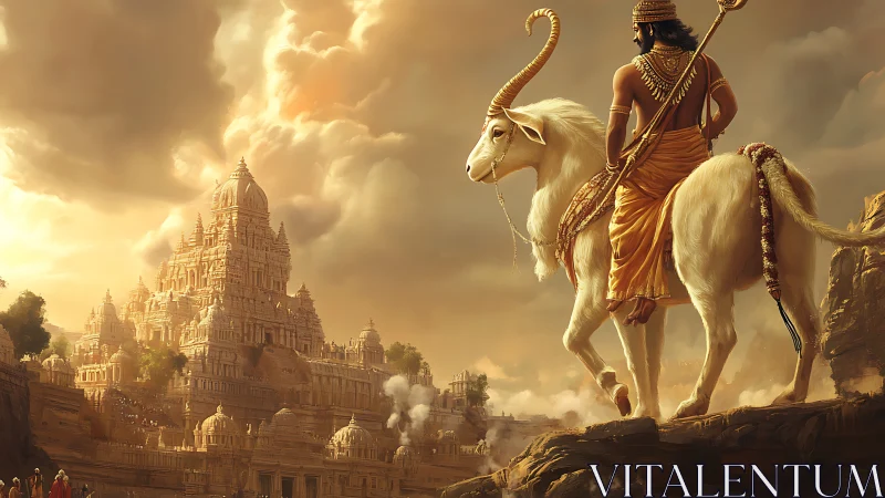 Epic mythic rider before sunlit temple citadel in Digital painting.