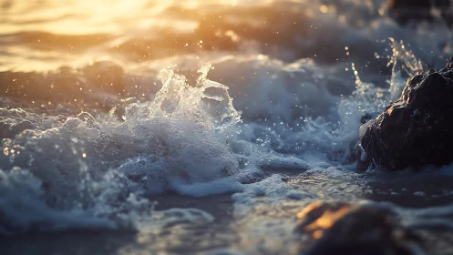 Sea surf impacts shoreline rocks under low angled sunlight