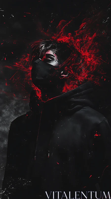 Masked figure stands in dark space with red digital flare