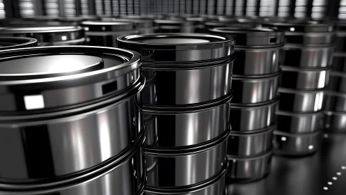 Shiny Black Industrial Oil Barrels in Warehouse, Photorealistic Style.
