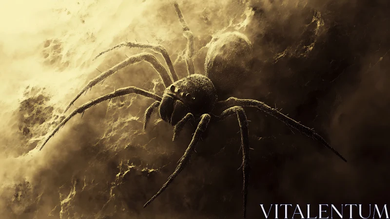 Gigantic shadowed spider crawls through swirling golden mist.