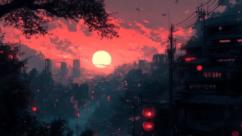 Crimson cyberpunk city sunset over neon hillside district.