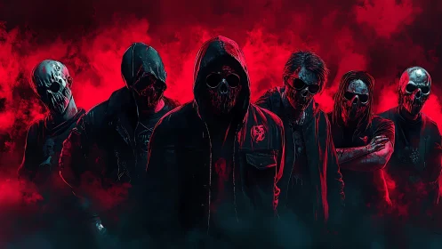 Hooded skull gang in neon red cinematic digital haze.