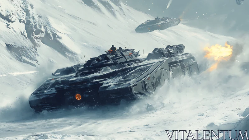 Digital painting of armored tanks charging through arctic pass.