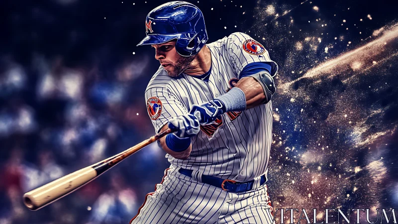 Baseball hitter in striped uniform swings under bright lights.