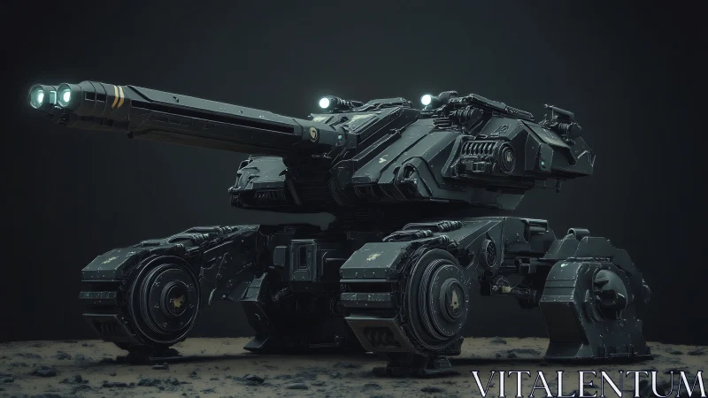 Futuristic rover tank quietly waits on a shadowy frontier.