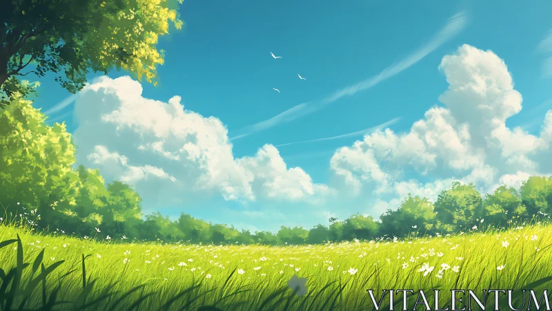 Digital painting of sunlit meadow under expansive cumulus sky.