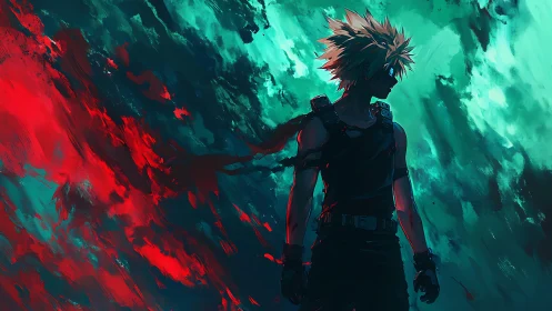 Silhouetted anime warrior amid red teal storm energy.