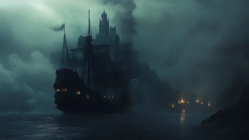 Storm-laden galleon approaches fortified citadel in dense fog