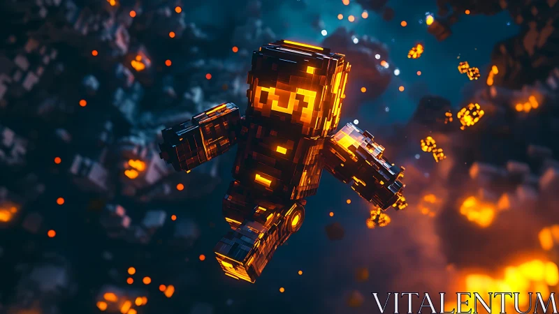 Glowing voxel robot floating in fiery cosmic space scene.