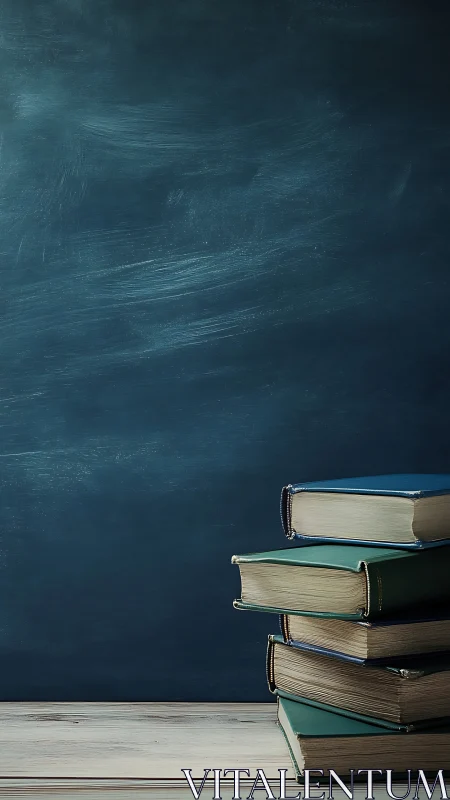 Stack of worn books against dark blue chalkboard wall.