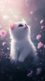 White Kitten Among Pink Blossoms in Ethereal Dreamscape.