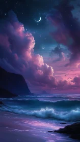 Triple crescent moonrise above a violet dream tide seascape.