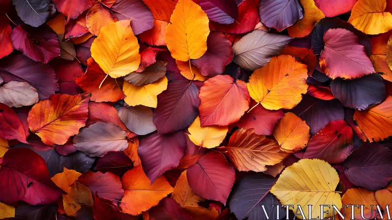 Autumn foliage mosaic in layered crimson and gold tones.