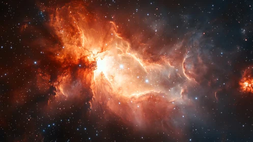 Stellar nebula core glows amid dense ionized gas filaments