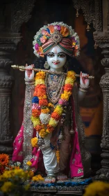 Statue of adorned Hindu deity stands in ornate temple niche