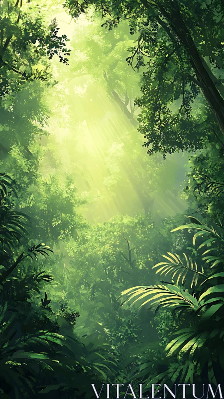 Tropical rainforest canopy with diffused sunlight and understory vegetation.