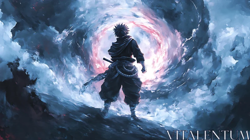 Swordsman stands before swirling luminous energy vortex