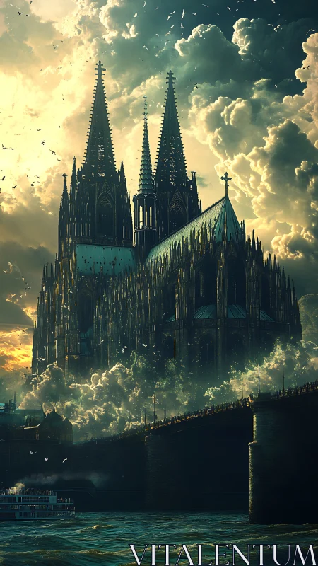 Gothic cathedral rises through storm clouds above river bridge