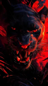 Menacing Black Panther with Glowing Red Eyes and Ethereal Flames.