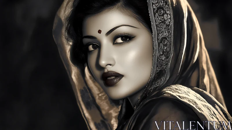 Sepia-toned portrait captures veiled woman with deep gaze.