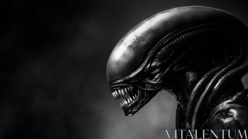 Menacing biomechanical alien profile in dark monochrome.