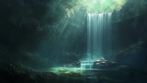 Mystic forest waterfall with ethereal turquoise pool