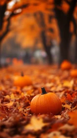 Pumpkin rests among golden autumn leaves in a quiet park