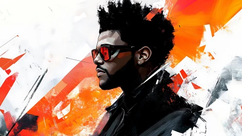 Profile portrait in kinetic red and white digital abstraction.