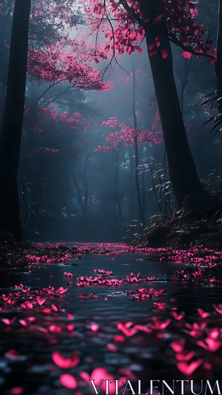 Enchanted river of neon petals beneath moody twilight forest.