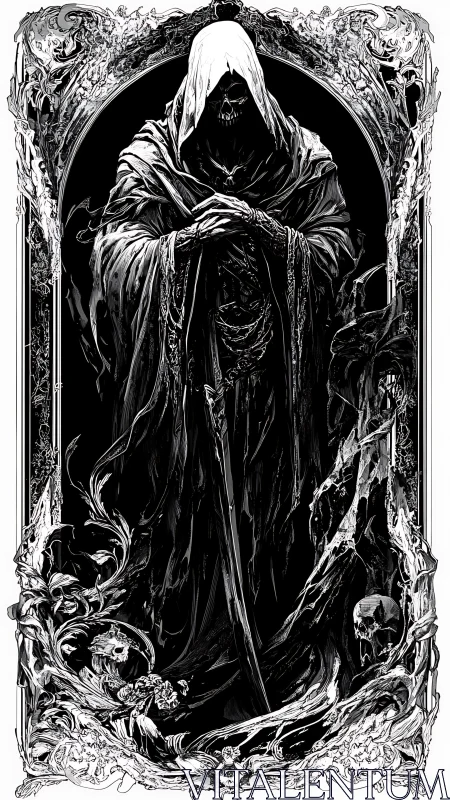Hooded skeletal figure stands with sword amid ornate frame