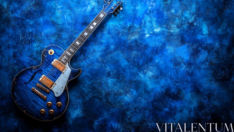 Midnight blue electric guitar against dreamy clouded blues.