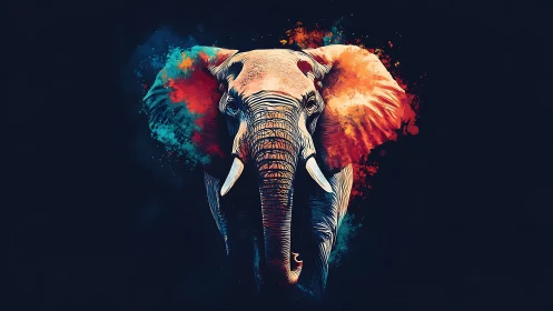 Elephant portrait with neon splatter bicolor abstract ears.