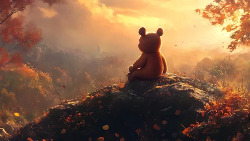 Teddy silhouette overlooking sunlit autumn valley panorama.