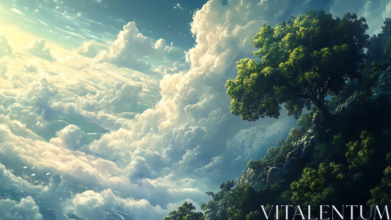 Solitary cliffside tree above sunlit ocean of clouds.