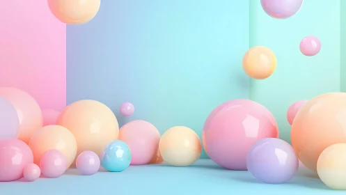 Pastel 3D spheres populate a minimal gradient corner space