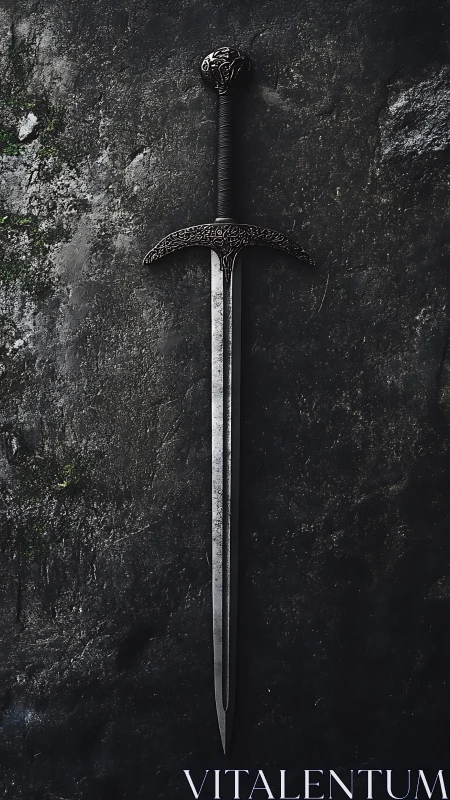 Silent iron longsword waits like a shadow pinned in stone