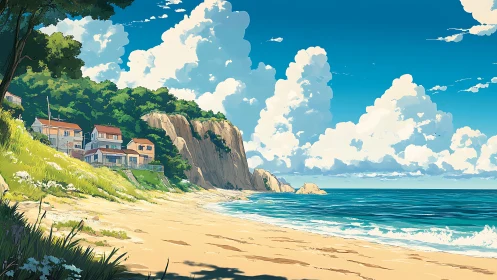 Sunlit cliffside village dreaming over a quiet summer shoreline.