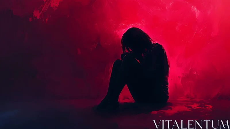 Solitary figure curls inward against intense red void