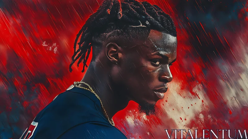 Side profile digital portrait of athlete with red backdrop.