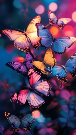 Luminous butterflies ascend through neon bokeh twilight field