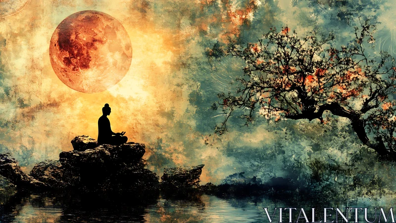Lunar stillness cradles a meditating figure by fiery tree