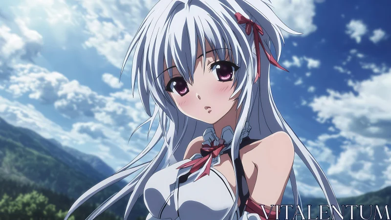 Sky-dusted daydream girl tilts gently into the mountain wind