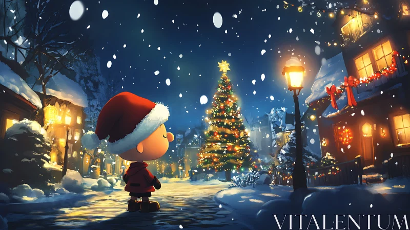 Child in red coat observing snowy Christmas street scene.