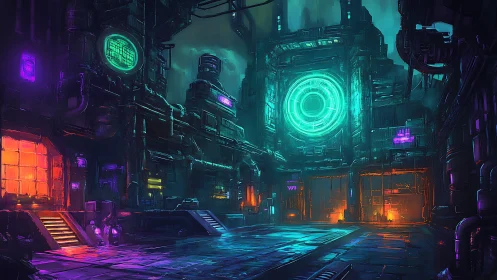Cyberpunk industrial courtyard with neon-core fa&ccedil;ade design.