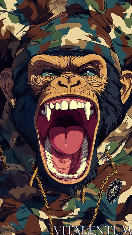 Roaring camouflaged chimpanzee snarls in stylized close-up