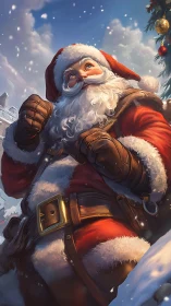 Illustrated Santa Claus stands outdoors in detailed winter scene