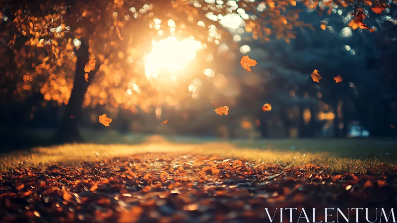 Golden autumn leaves drift through soft sunset light.