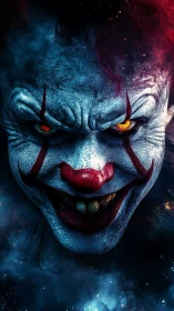 Close frontal render shows blue clown face with yellow eyes